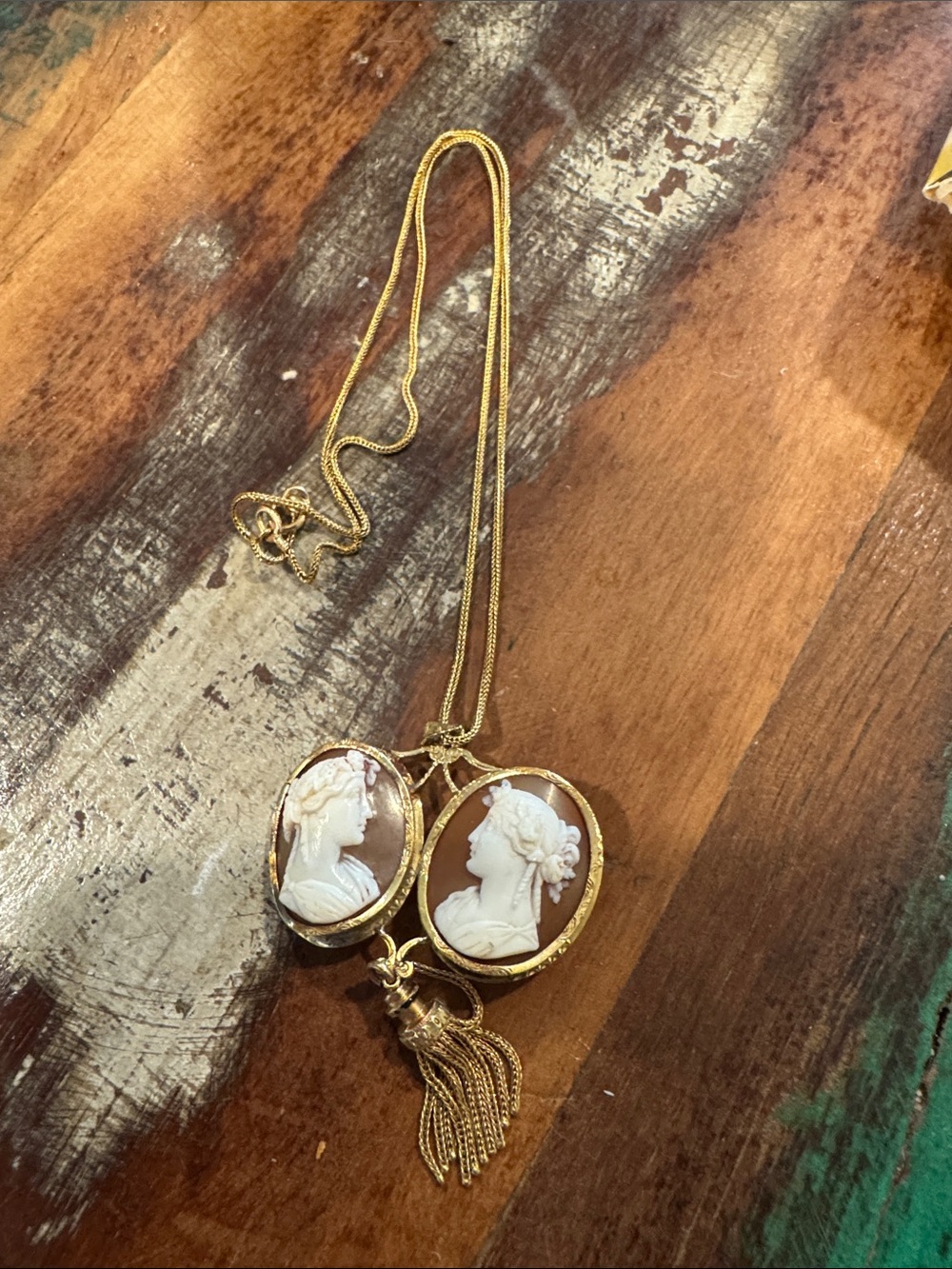 Gold tone Cameo Double Pendant Necklace with Tassel - White Cameos.